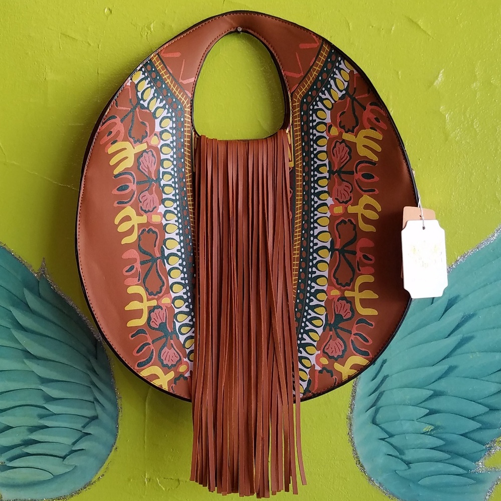 Boho Brown Vegan Aztec Floral Purse Fringe Handbag